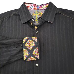 Robert Graham Button Down Mens XL Black Flip Cuff Jacquard Striped Long Sleeve